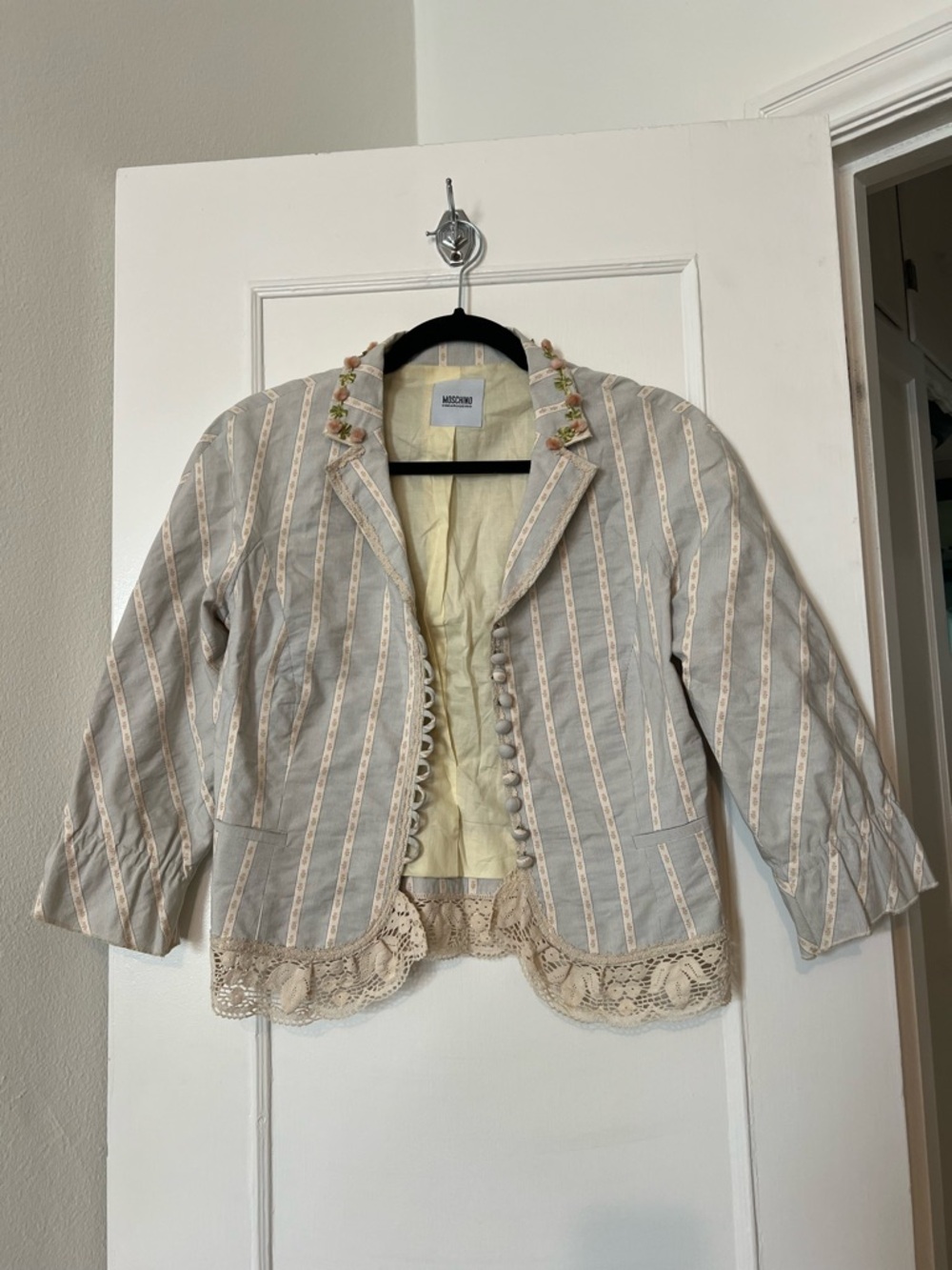 Vintage Moschino Floral Appliqué Beige Striped Lace-Trim Blazer